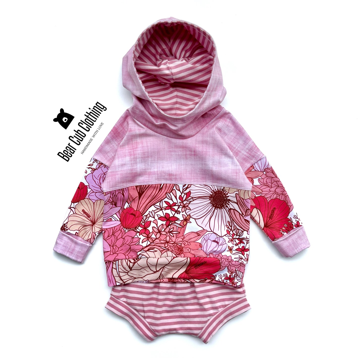 3-12 months Pink Floral Hoodie & Striped Shorties