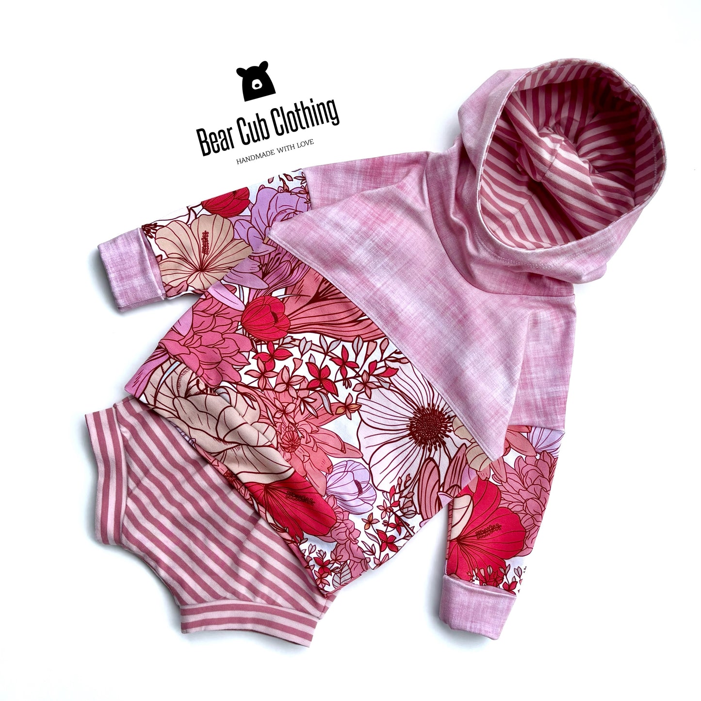 3-12 months Pink Floral Hoodie & Striped Shorties